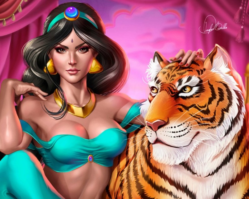 Создать мем: злая жасмин арт, девушка тигрица, принцесса жасмин с тигром арт
