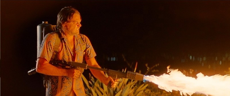 Create meme: flamethrower, once upon a time in hollywood, once in Hollywood DiCaprio with a flamethrower