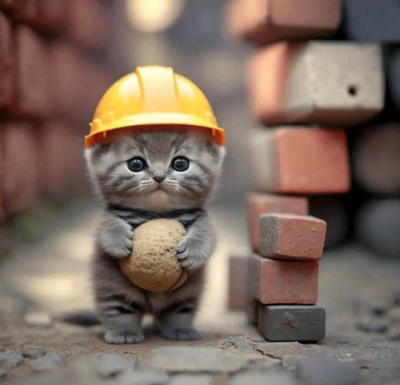 Create meme: milota cats, the cat is a hard worker, kitten builder
