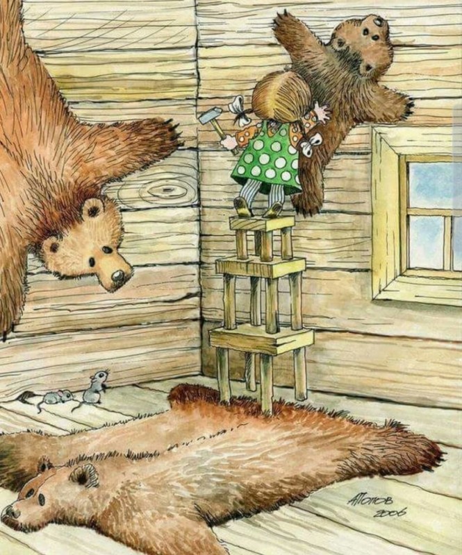 Создать мем: маша прибивает шкуры трех медведей, машенька прибивает шкуру медведя к стене, медведь сказка