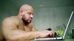 Create meme: male bald, a wrestler with a laptop, Jock with a laptop
