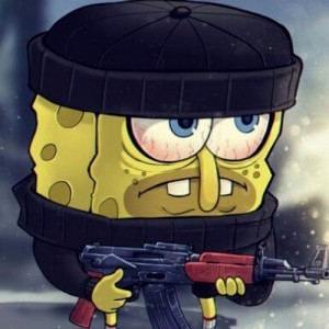 Create meme: spongebob cool, spongebob with an AK 47, spongebob with a machine gun