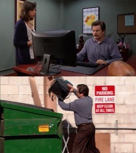 Create meme: Parks and recreation, School, threw the computer in the trash