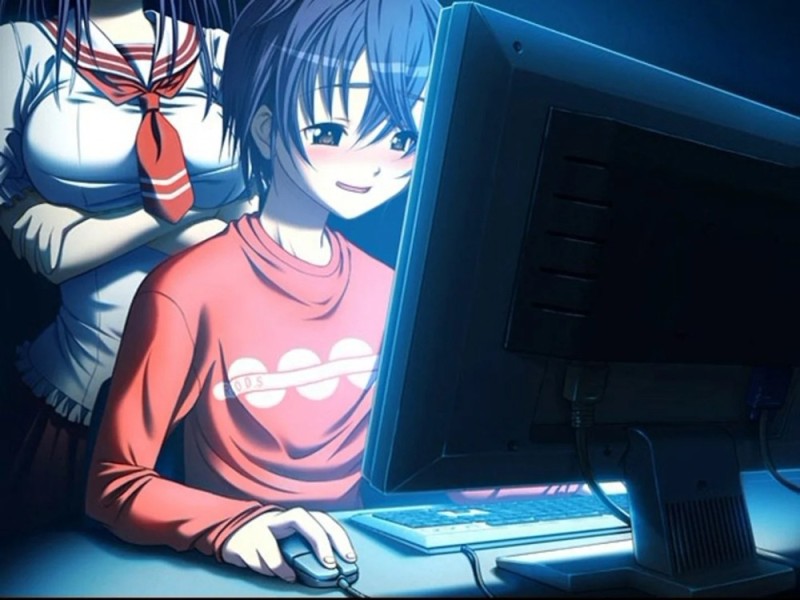 Create meme: anime at the computer, computer anime, Anime guy is a gamer