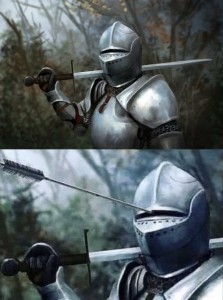 Create meme: meme with knight and arrow, a knight with an arrow in the helmet