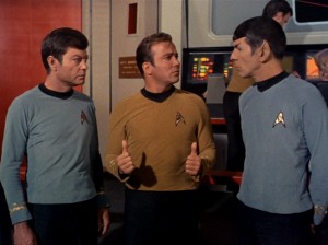 Создать мем: two thumbs up, a piece of the action, spock scotty mccoy