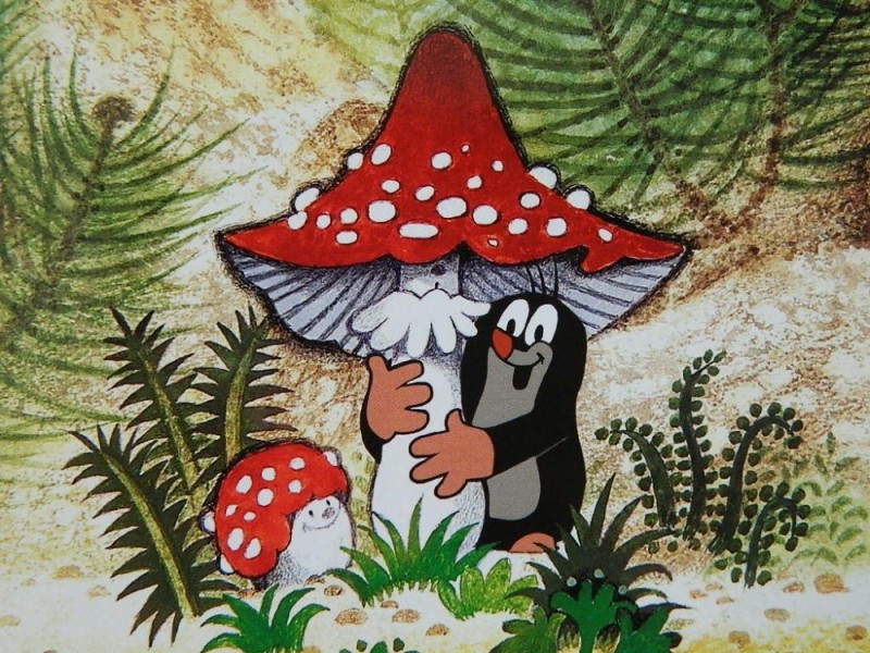 Create meme: Mole and mushrooms cartoon, cartoon mole, fly agaric drawing