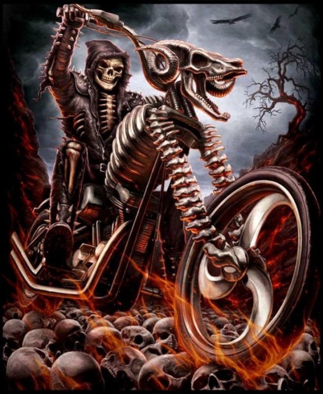 Создать мем: арт скелет, скелет на мотоцикле, скелет рокер