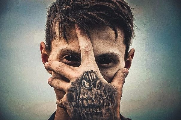 Create meme: skull tattoo, tattoo on the brush, people 