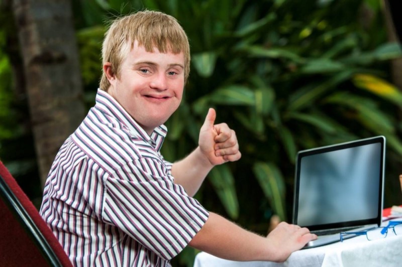 Create meme: down syndrome , down at the computer, people are downs