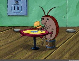 Create meme: a cockroach eats a spongebob burger, cockroach from spongebob, roach eating a Krabby Patty