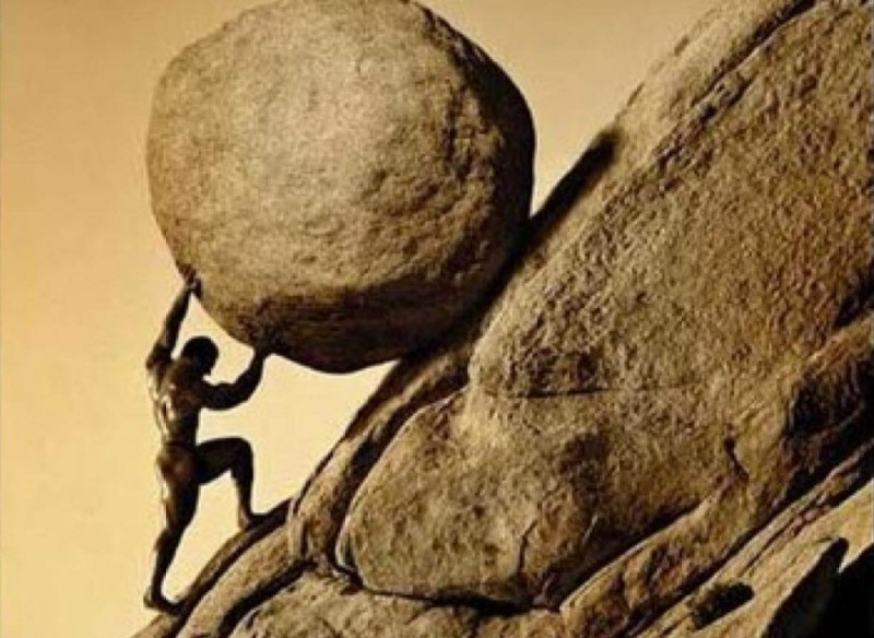 Create meme: coin, Sisyphus and the stone, hercules pushes a stone