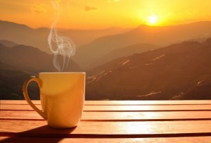 Create meme: good morning Wallpaper mountain coffee, dawn coffee, a Cup of coffee at dawn