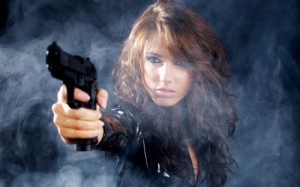 Create meme: look, weapon girl, Evil Girl with a gun