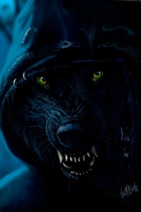 Создать мем: волк в капюшоне чёрного цвета, оборотень, волк темный