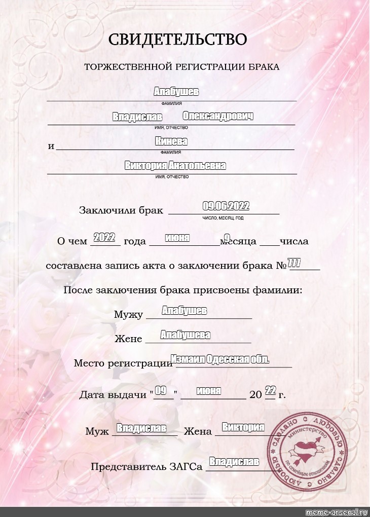 Зарегистрированный брак примеры