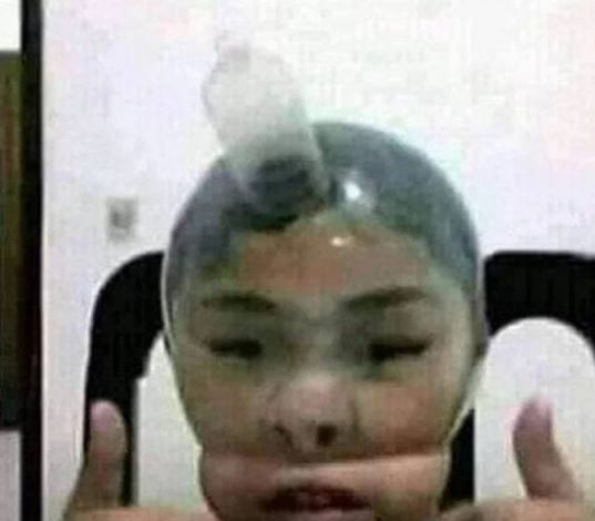 Create meme: a puffed-up condom on his head, condom monster head, the condom on the head