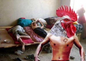 Create meme: man cock, rooster, people