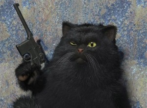 Create meme: black cat, kot Begemot with a revolver