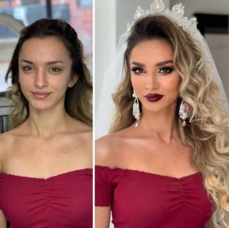Создать мем: макияж невесты, свадебный макияж до и после, прическа макияж