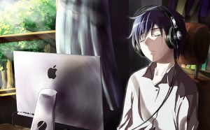 Create meme: watch anime, anime guy behind the computer, anime guys with headphones