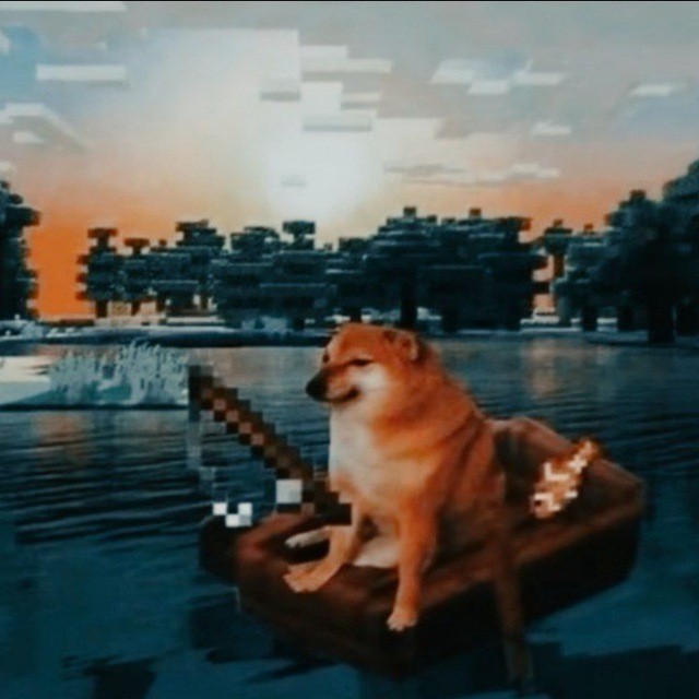 Create meme: sunset in minecraft with a dog, dog minecraft, a dog in a boat in minecraft