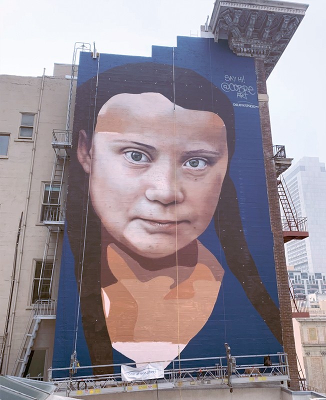 Create meme: Greta Thunberg portrait on the building, Greta Thunberg graffiti, Greta Thunberg
