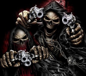 Создать мем: череп с пистолетами, скелет с оружием, злой скелет