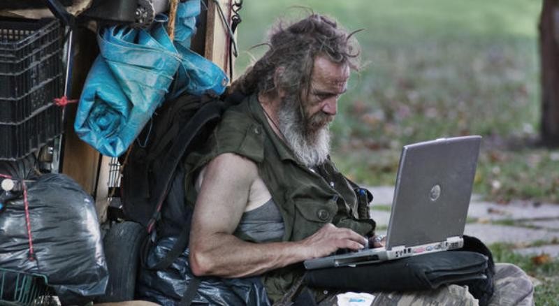 Create meme: homeless , homeless with laptop, a homeless man with a macbook