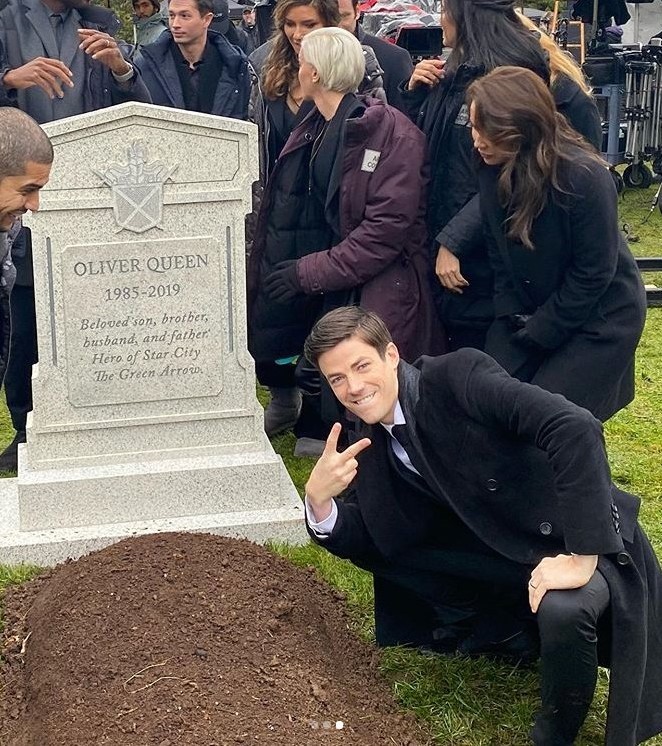 Create meme: the guy at the grave meme, grave , Grant Gustin at Oliver Queen's grave