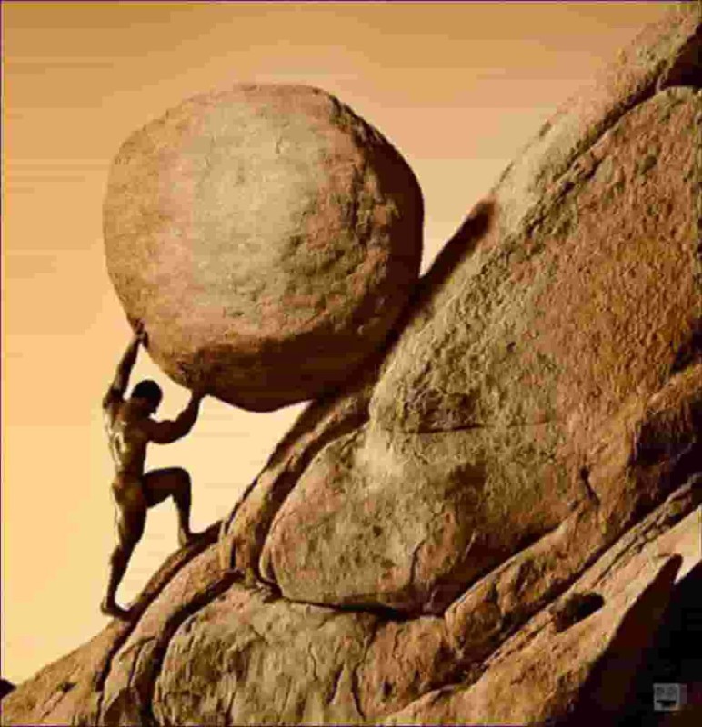 Create meme: the myth of sisyphus, a man rolls a stone uphill, Sisyphus