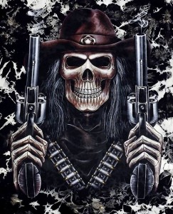 Create meme: skull of death, skeleton with a gun, the skeleton is cool