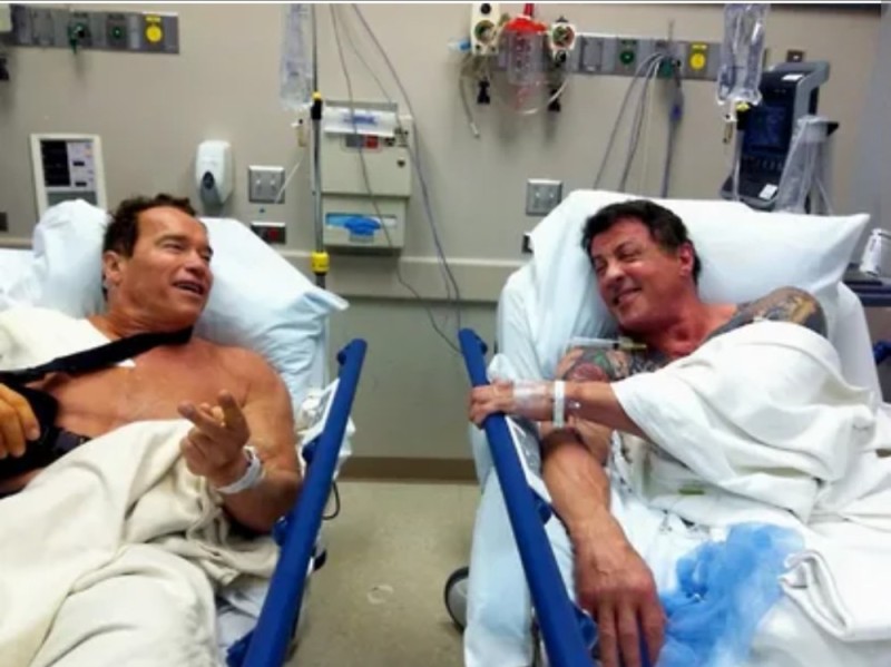 Create meme: Arnold Schwarzenegger and Sylvester Stallone, Stallone and Schwarzenegger in the hospital, schwarzenegger and Stallone