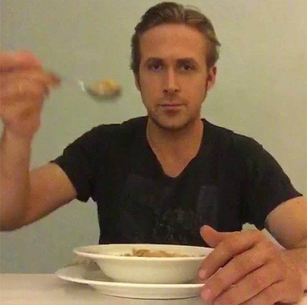 Create meme: Ryan Gosling eats cereal, ryan gosling , Ryan Gosling with a spoon