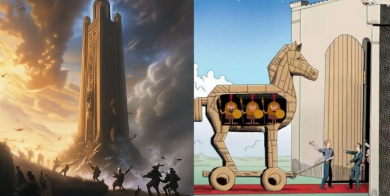 Create meme: trojan horse drawing, Trojan Horse comics, a Trojan horse meme template
