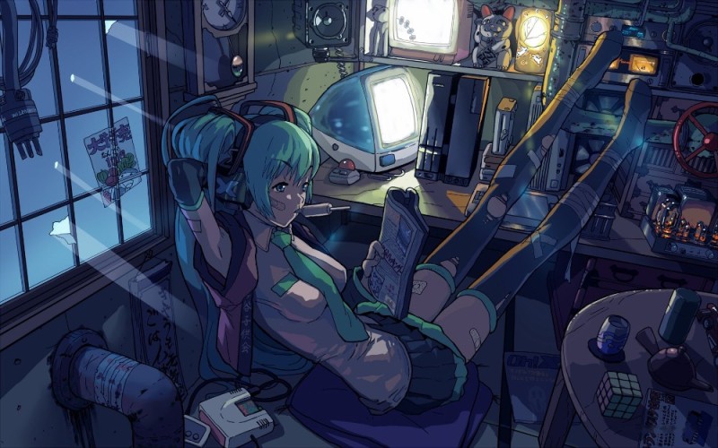 Create meme: Hatsune Miku, anime at the computer, hacker girl anime