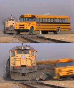 Создать мем: школьный автобус мем, школьный автобус, поезд сбивает школьный автобус