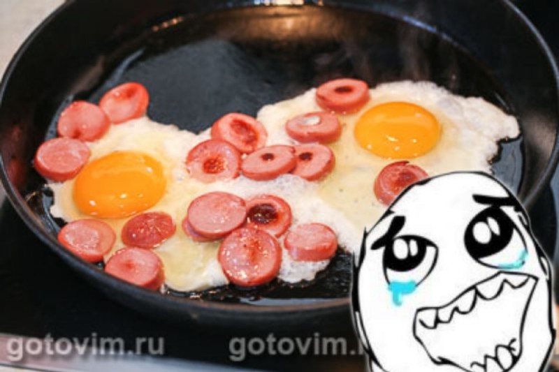 Create meme: fried eggs with sausages in a frying pan, fried eggs with sausages, scrambled eggs 