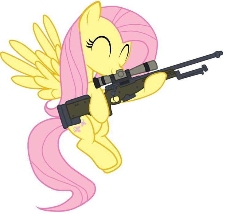 Create meme: ponies with guns, fluttershy sniper, pony base with weapons