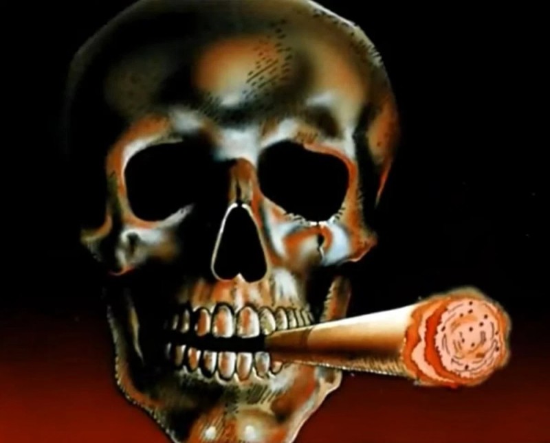 Create meme: Treasure Island 1988 The Ministry of Health warns, skeleton with a cigarette, skull with cigarette