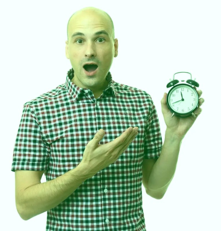 Create meme: male , alarm clock on a white background, bald man 