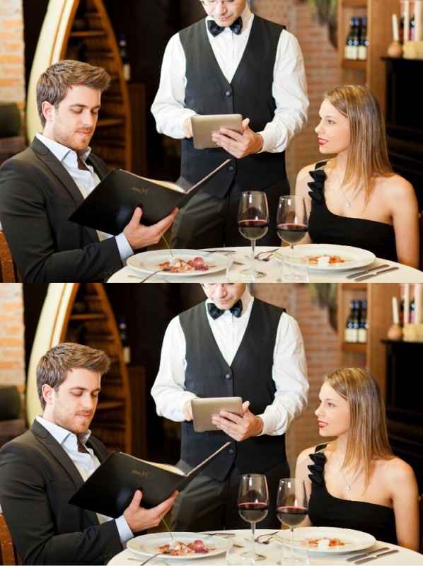 Create meme: couple in a restaurant waiter, dinner at the restaurant waiter, couple in restaurant 
