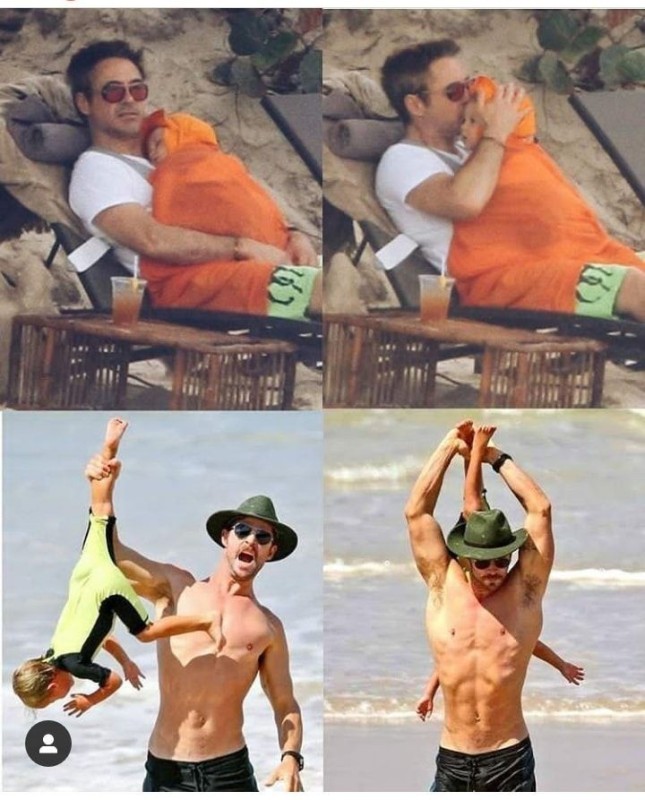 Create meme: Robert Downey Jr. and Chris Hemsworth on the beach, meme Robert Downey, Robert Downey Jr. with his daughter on the beach meme