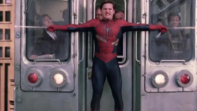 Create meme: spider-man 2, spider-man in the subway, spider-man stops the train