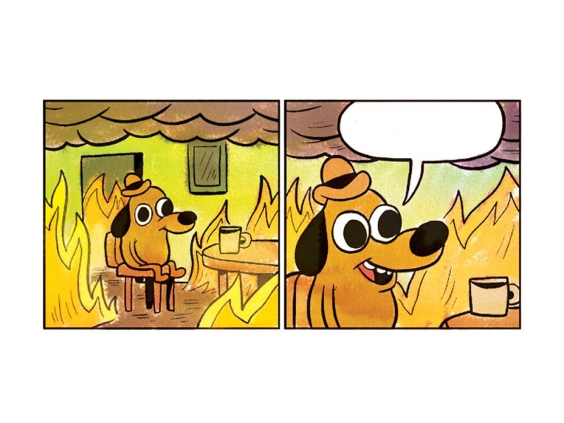 Создать мем: собака в горящей комнате, собака в огне мем, собака в горящем доме