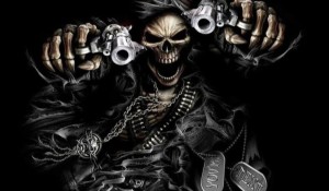Создать мем: скелет с револьвером, череп с оружием, скелет с пистолетом