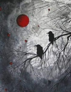 Создать мем: картина с воронами на березе, ворон и красная луна арт, картина ворон на дереве