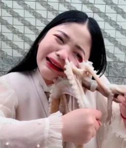 Создать мем: фотосессия с осьминогом и азиаткой, поедание живых осьминогов, видео китаянка ест живого осьминога
