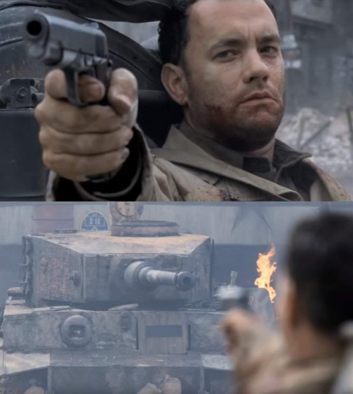 Create meme: Save Private Ryan Tom Hanks and Tank Meme, To save Private Ryan, Tom Hanks shoots at a tank, Save Private Ryan Tom Hanks and the tank