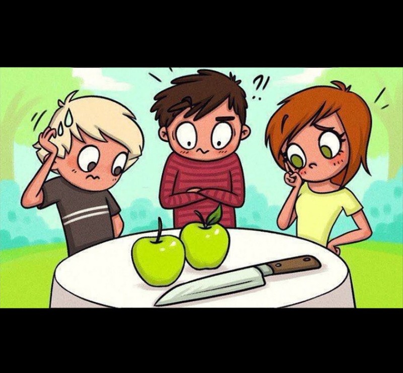 Create meme: divide two apples into three, 3 people want to share 2 apples equally, three people want to divide two apples equally with one movement of a knife